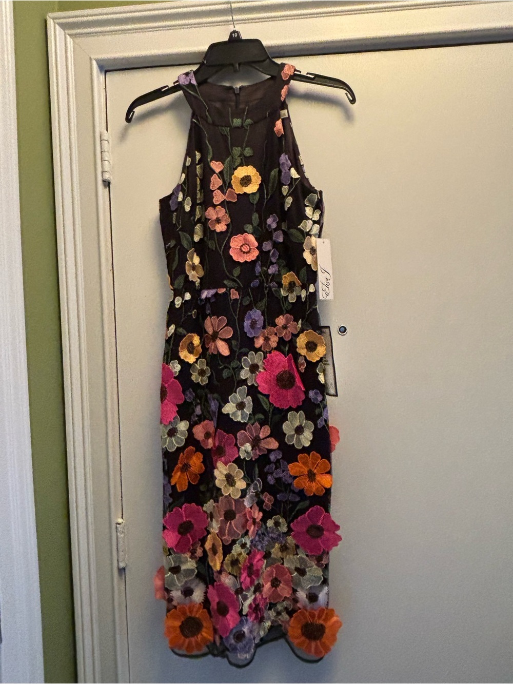 Eliza J Black Mesh Midi Dress with Multicolor Floral Embroidery
